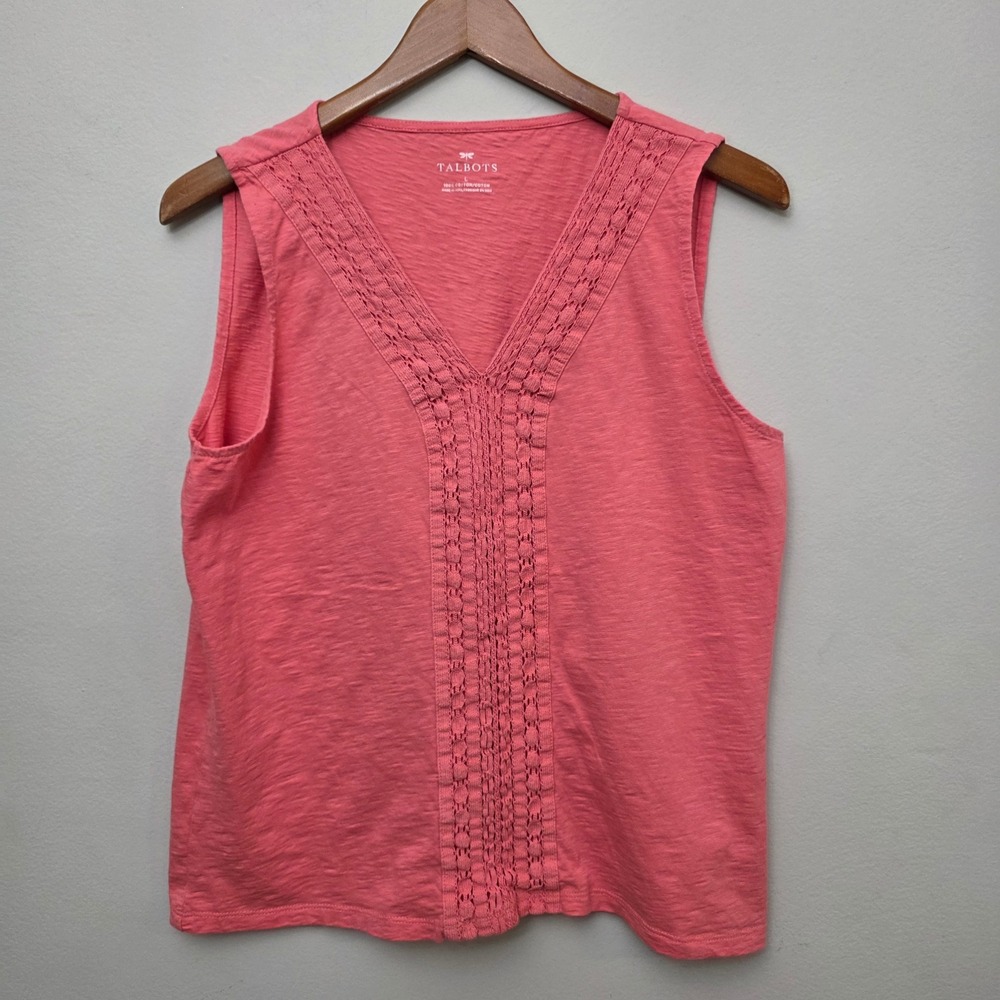 Talbots Tank Top Womens L Pink Coral Cotton Crochet V-Neck Casual Preppy
